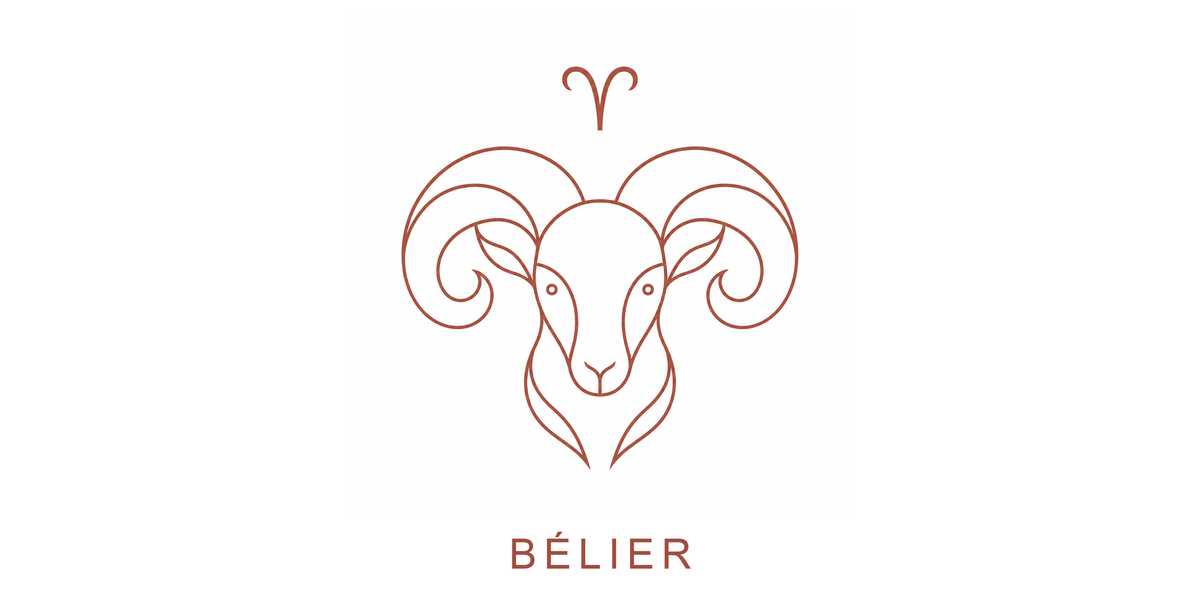 Visuel à plat du mug Bélier Zodiaque Minimaliste : une tête de bélier aux cornes enroulées, symbole ♈ et nom BÉLIER