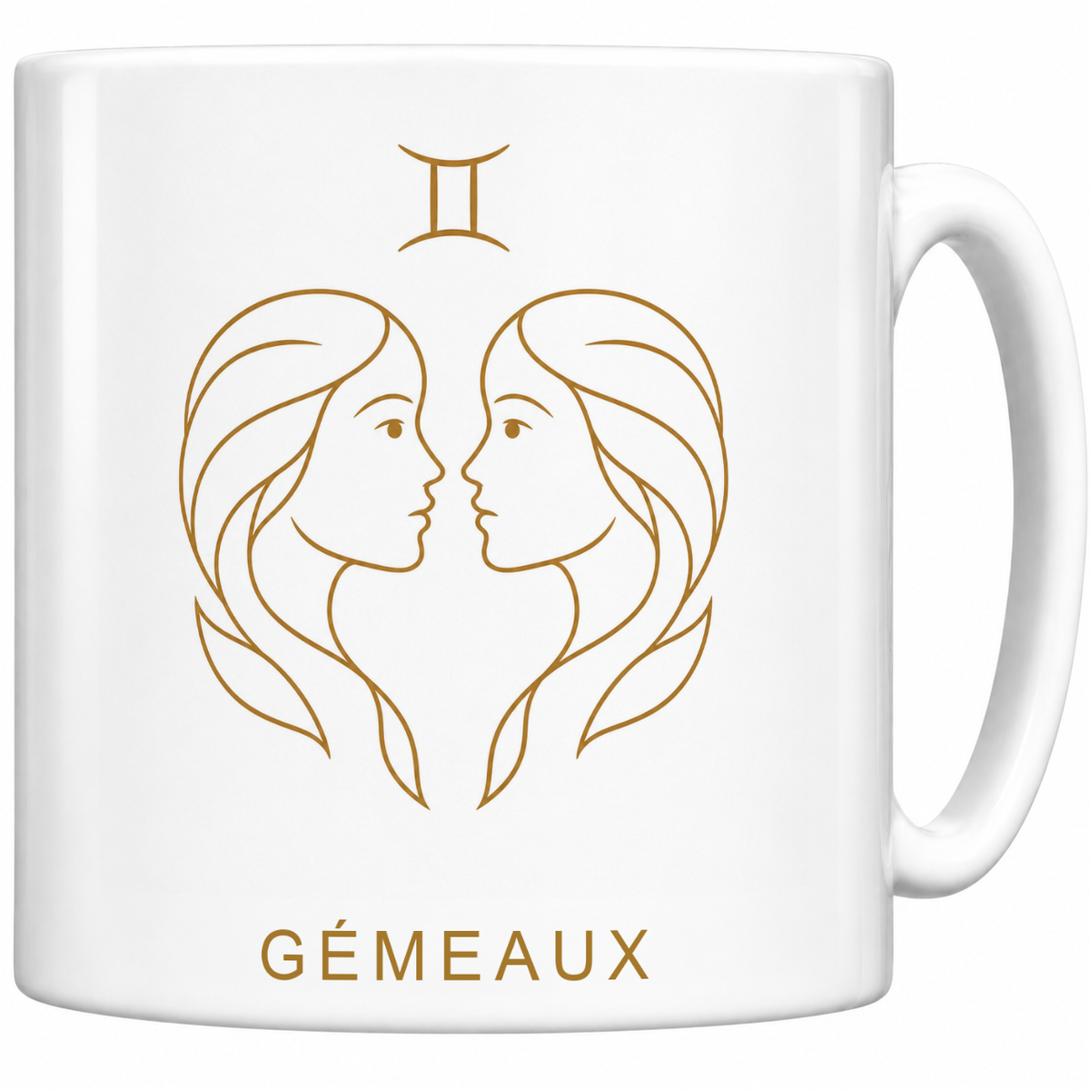 Mug blanc céramique 330 ml signe Gémeaux ♊ : dessin minimaliste au trait fin ocre doré, nom GÉMEAUX en capitales