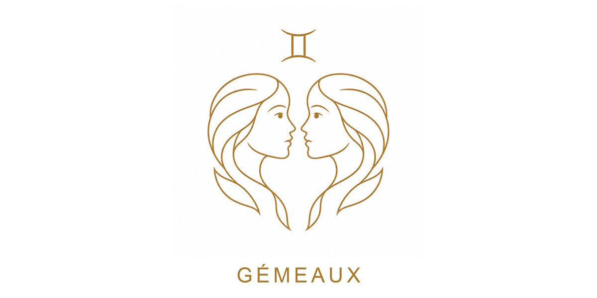 Visuel à plat du mug Gémeaux Zodiaque Minimaliste : deux visages jumeaux face à face, symbole ♊ et nom GÉMEAUX