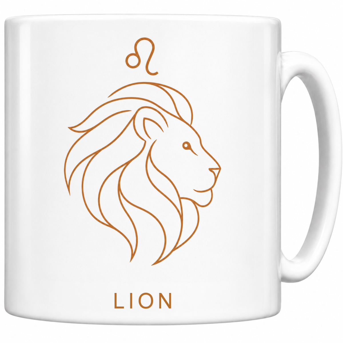 Mug blanc céramique 330 ml signe Lion ♌ : dessin minimaliste au trait fin orange cuivré, nom LION en capitales