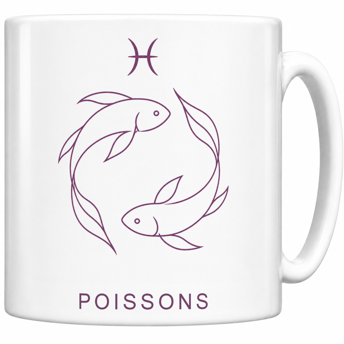 Mug blanc céramique 330 ml signe Poissons ♓ : dessin minimaliste au trait fin prune, nom POISSONS en capitales