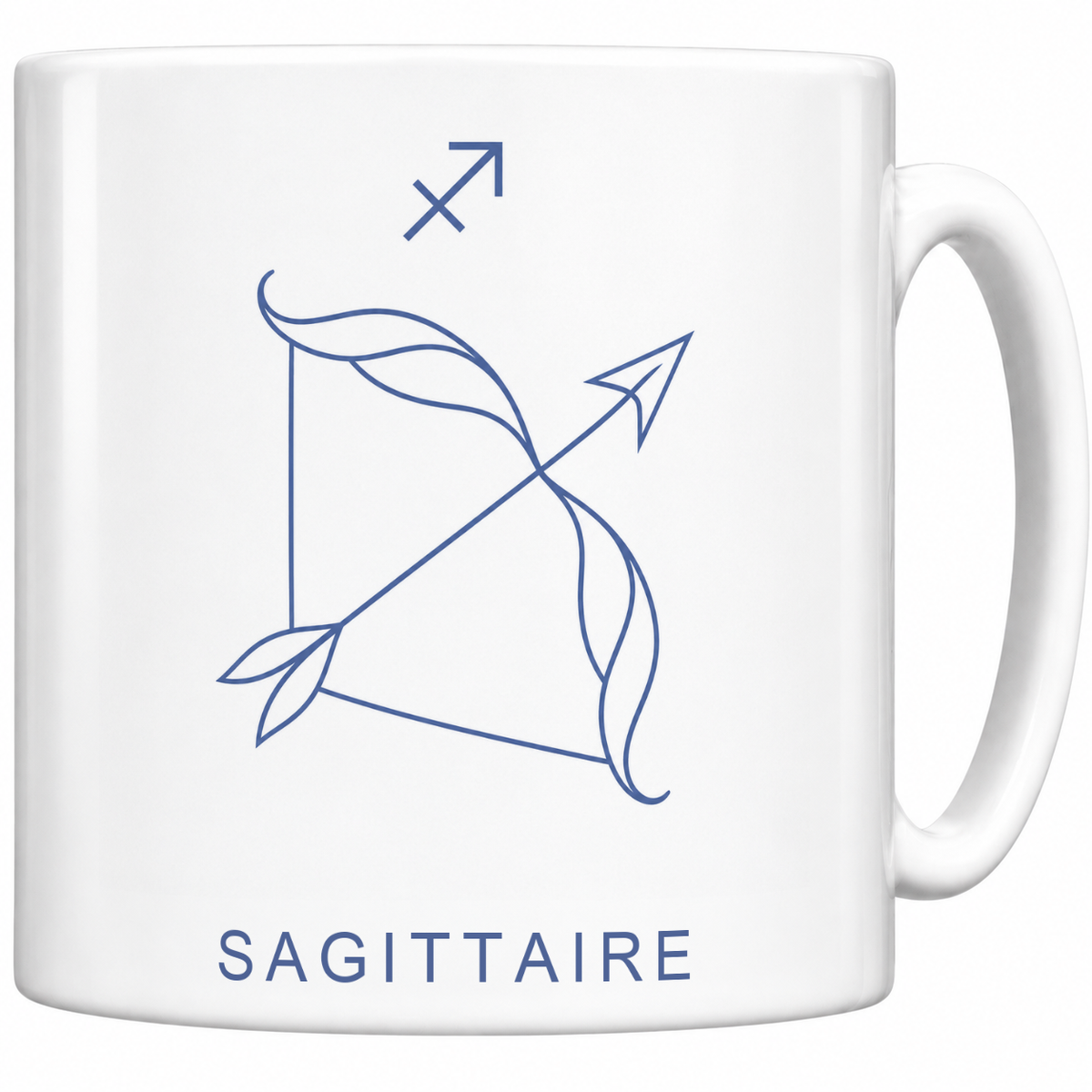 Mug blanc céramique 330 ml signe Sagittaire ♐ : dessin minimaliste au trait fin bleu indigo, nom SAGITTAIRE en capitales