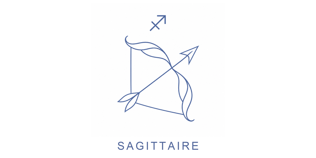 Visuel à plat du mug Sagittaire Zodiaque Minimaliste : un arc tendu et sa flèche pointée vers les étoiles, symbole ♐ et nom SAGITTAIRE