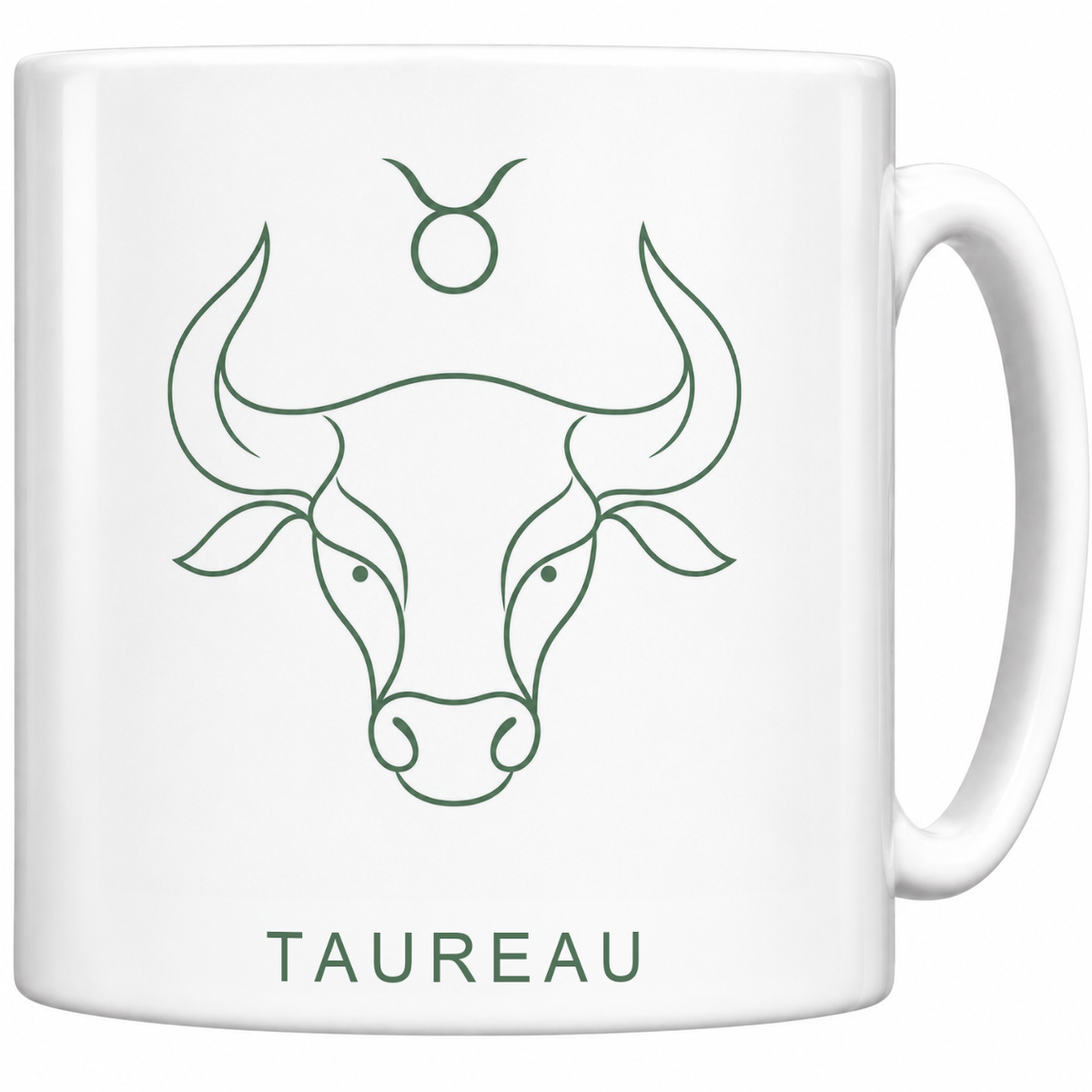 Mug blanc céramique 330 ml signe Taureau ♉ : dessin minimaliste au trait fin vert sauge, nom TAUREAU en capitales