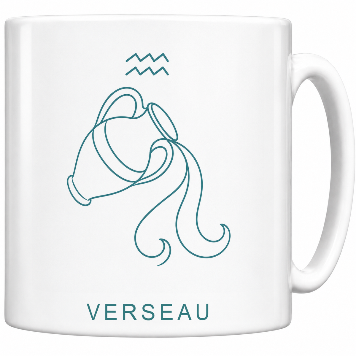 Mug blanc céramique 330 ml signe Verseau ♒ : dessin minimaliste au trait fin bleu canard, nom VERSEAU en capitales