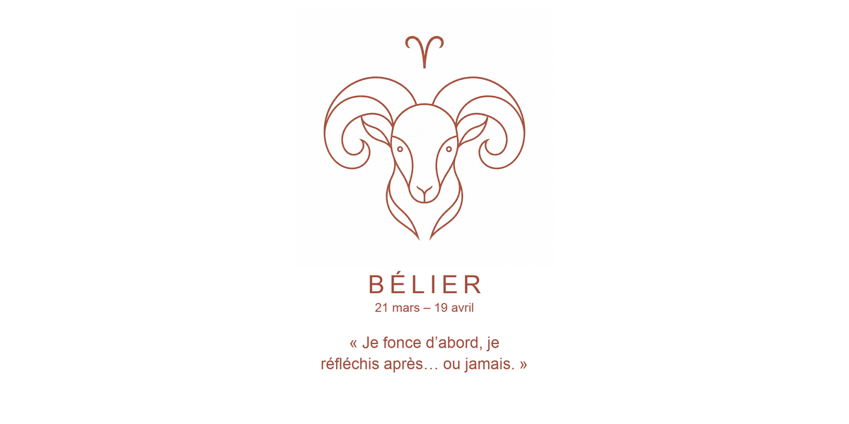 Visuel à plat du mug Bélier Zodiaque Phrase : une tête de bélier aux cornes enroulées, symbole ♈ et nom BÉLIER