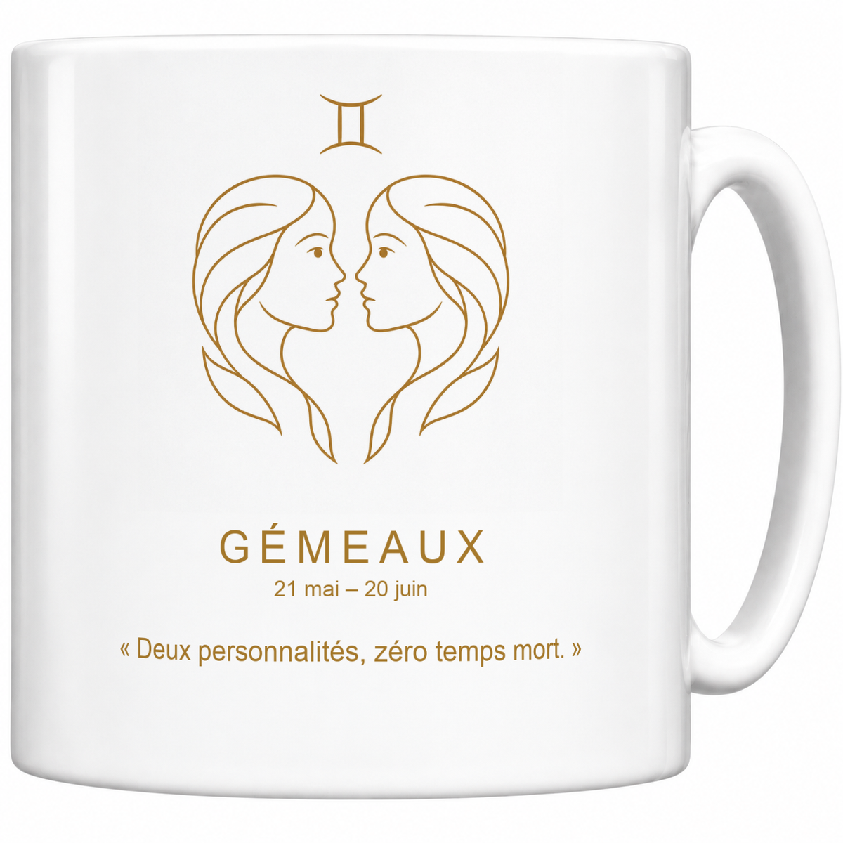 Mug blanc céramique 330 ml signe Gémeaux ♊ : dessin minimaliste au trait fin ocre doré, nom GÉMEAUX, dates et phrase « Deux personnalités, zéro temps mort. »
