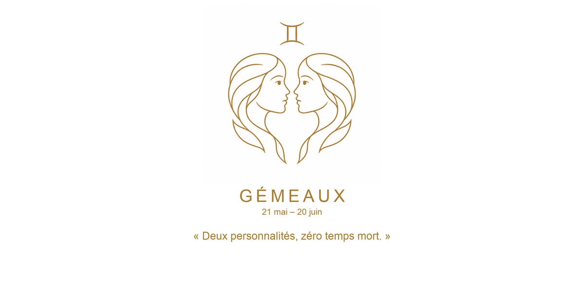 Visuel à plat du mug Gémeaux Zodiaque Phrase : deux visages jumeaux face à face, symbole ♊ et nom GÉMEAUX