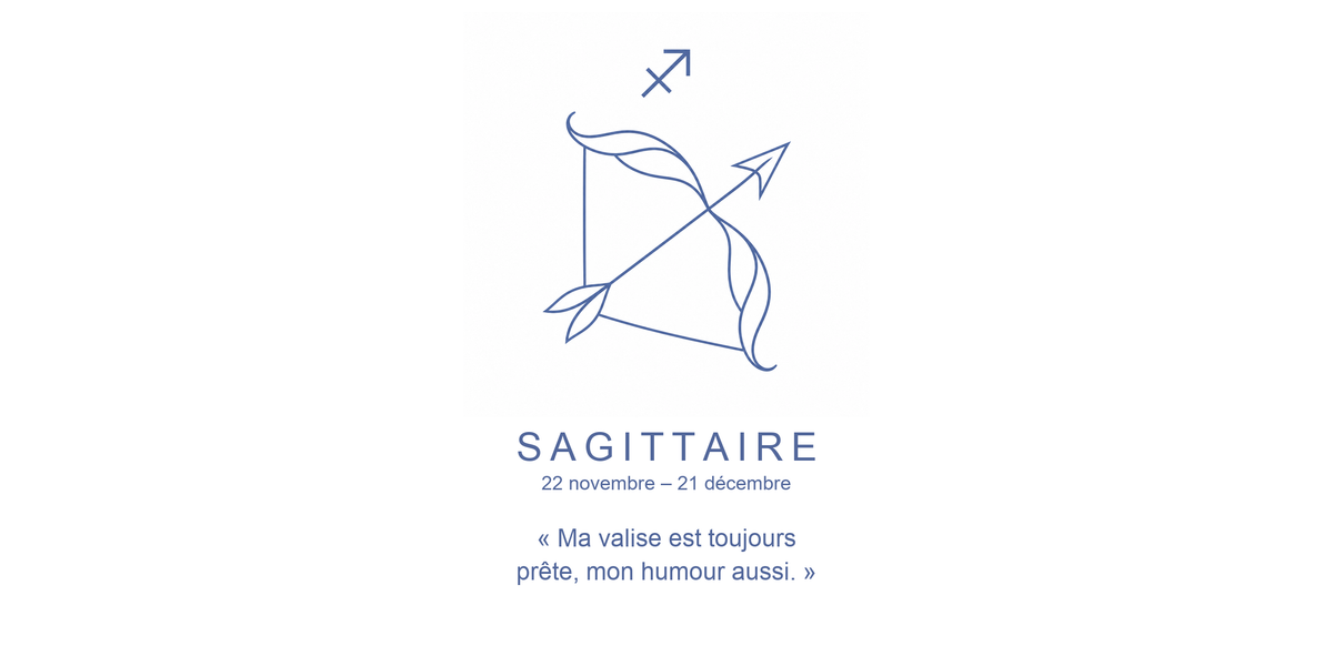 Visuel à plat du mug Sagittaire Zodiaque Phrase : un arc tendu et sa flèche pointée vers les étoiles, symbole ♐ et nom SAGITTAIRE