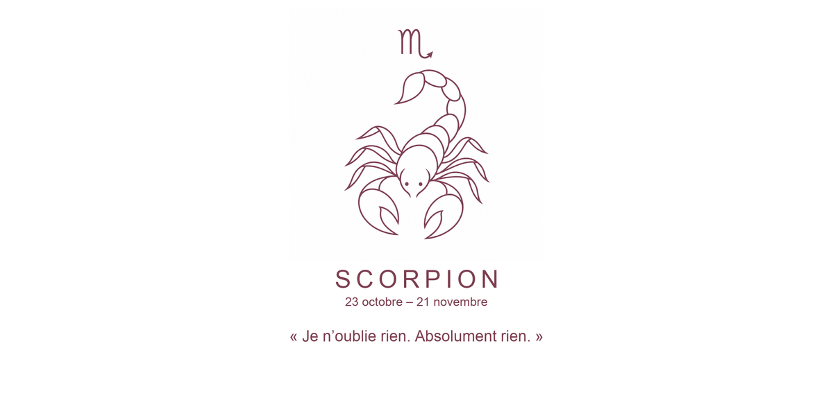 Visuel à plat du mug Scorpion Zodiaque Phrase : un scorpion à la queue arquée, symbole ♏ et nom SCORPION