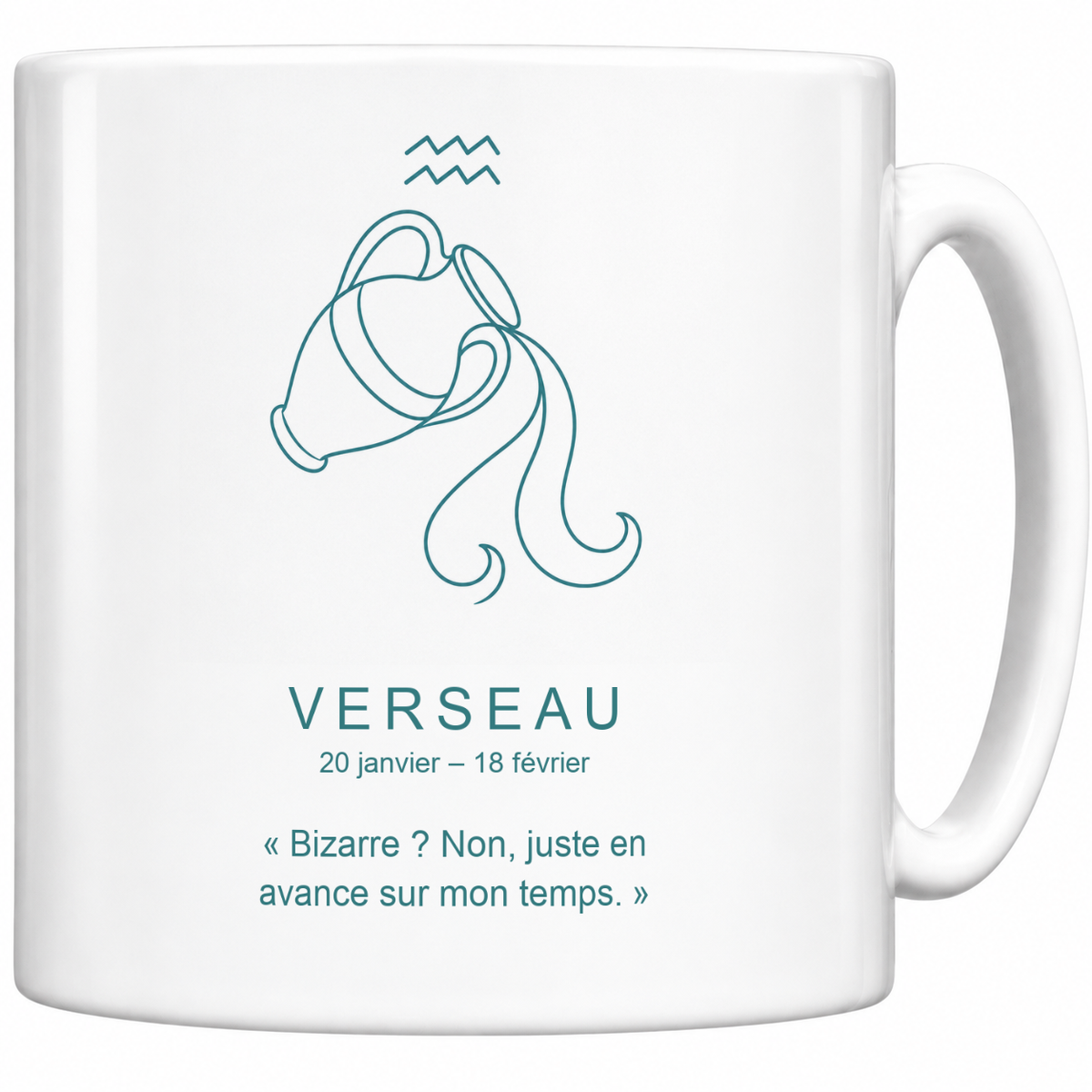 Mug blanc céramique 330 ml signe Verseau ♒ : dessin minimaliste au trait fin bleu canard, nom VERSEAU, dates et phrase « Bizarre ? Non, juste en avance sur mon temps. »