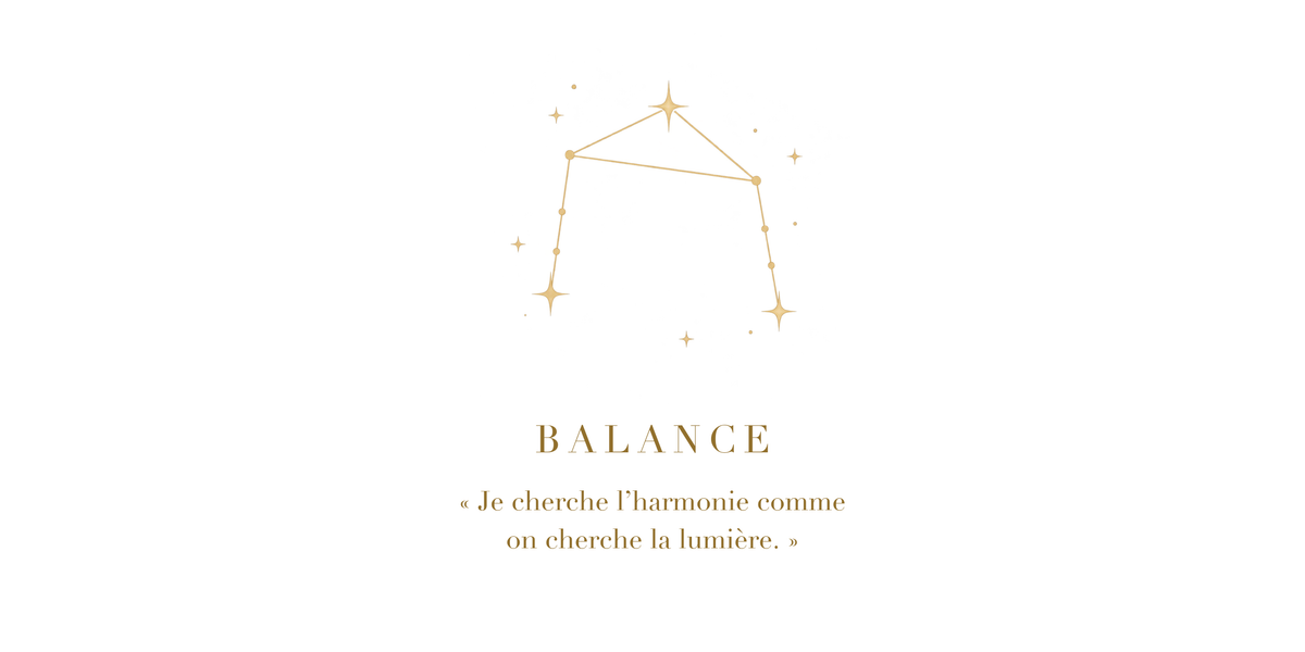 Visuel à plat du mug Balance Zodiaque Poétique : constellation de la Balance en lignes dorées, nom BALANCE en capitales Didot et phrase poétique
