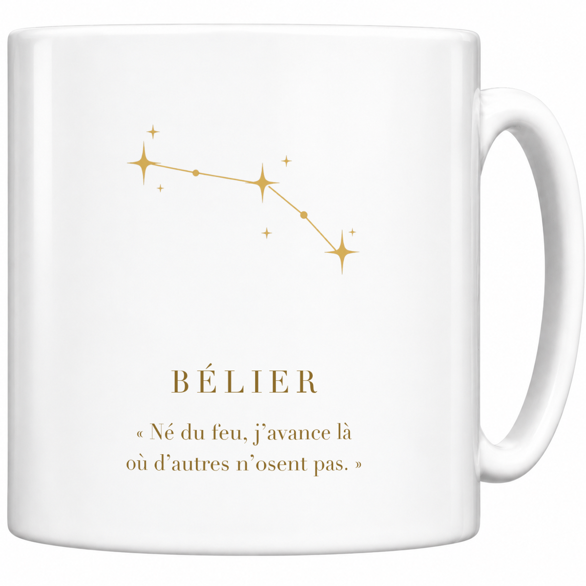 Mug blanc céramique 330 ml signe Bélier : constellation dorée, nom BÉLIER et phrase « Né du feu, j’avance là où d’autres n’osent pas. »