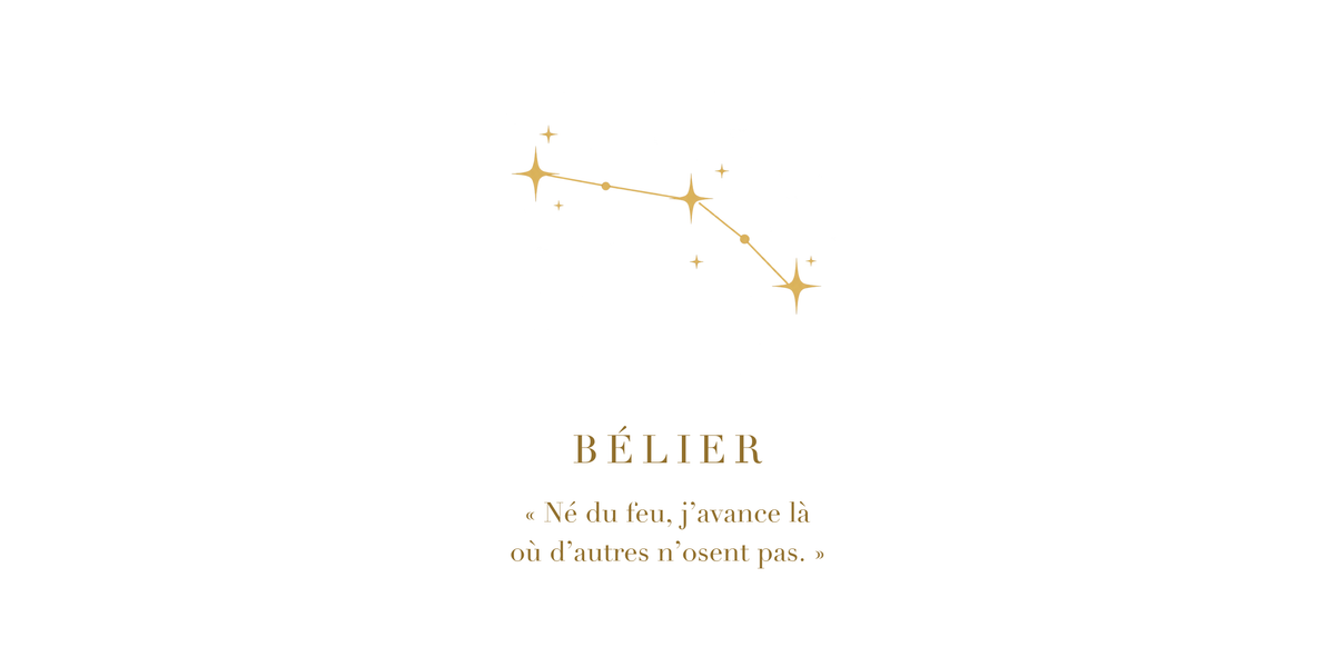 Visuel à plat du mug Bélier Zodiaque Poétique : constellation du Bélier en lignes dorées, nom BÉLIER en capitales Didot et phrase poétique
