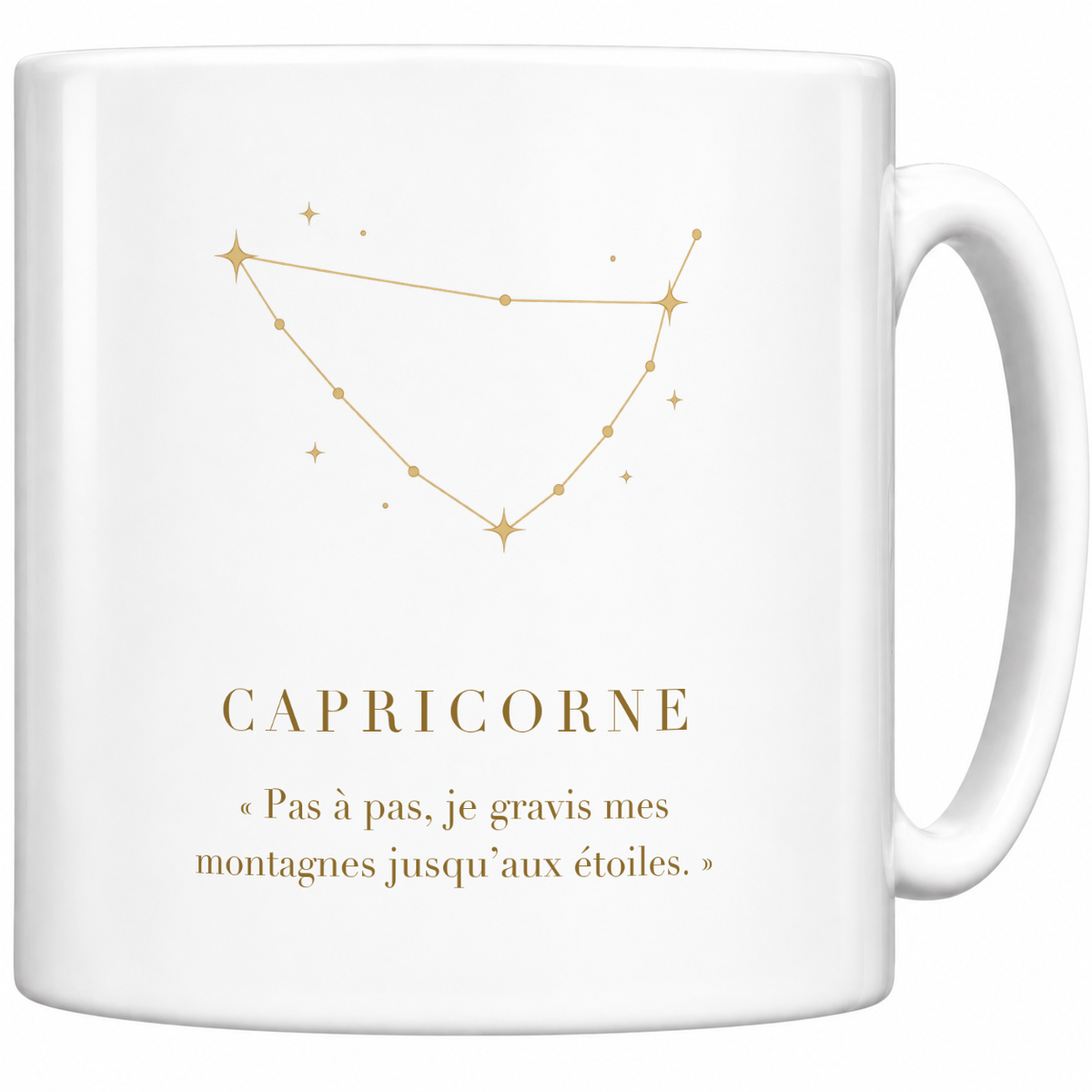 Mug blanc céramique 330 ml signe Capricorne : constellation dorée, nom CAPRICORNE et phrase « Pas à pas, je gravis mes montagnes jusqu’aux étoiles. »