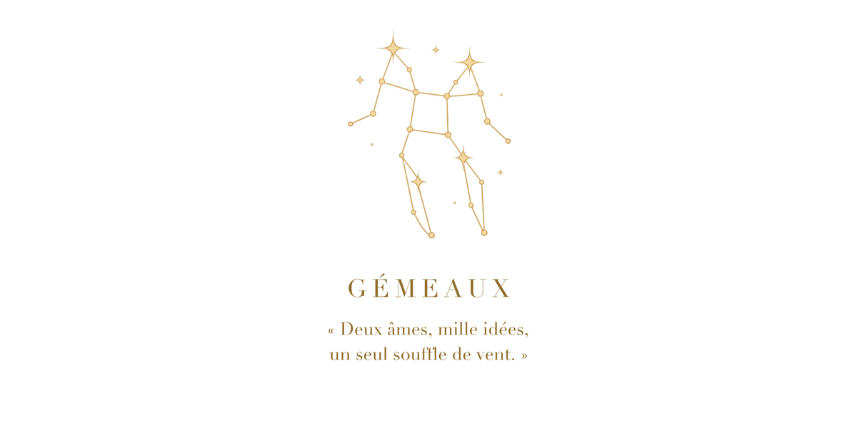 Visuel à plat du mug Gémeaux Zodiaque Poétique : constellation des Gémeaux en lignes dorées, nom GÉMEAUX en capitales Didot et phrase poétique