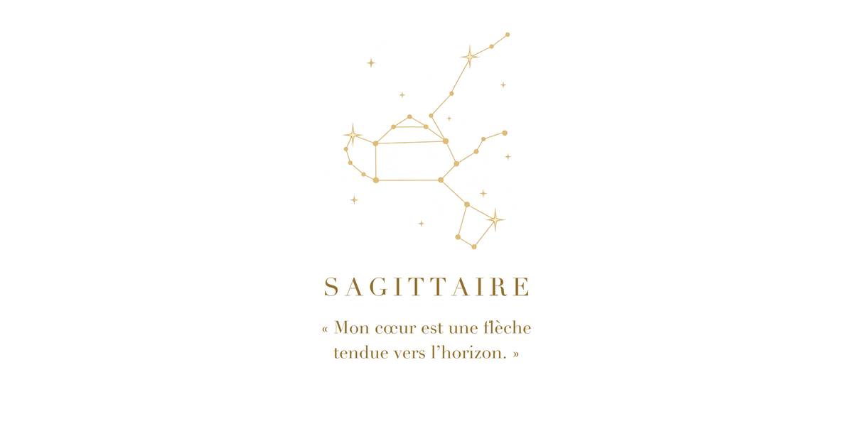 Visuel à plat du mug Sagittaire Zodiaque Poétique : constellation du Sagittaire en lignes dorées, nom SAGITTAIRE en capitales Didot et phrase poétique