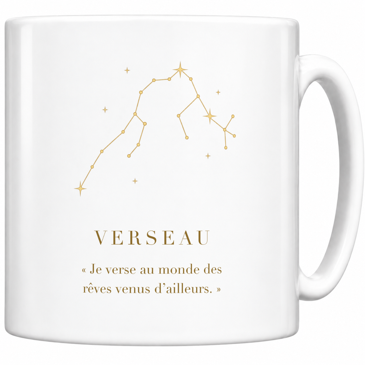 Mug blanc céramique 330 ml signe Verseau : constellation dorée, nom VERSEAU et phrase « Je verse au monde des rêves venus d’ailleurs. »