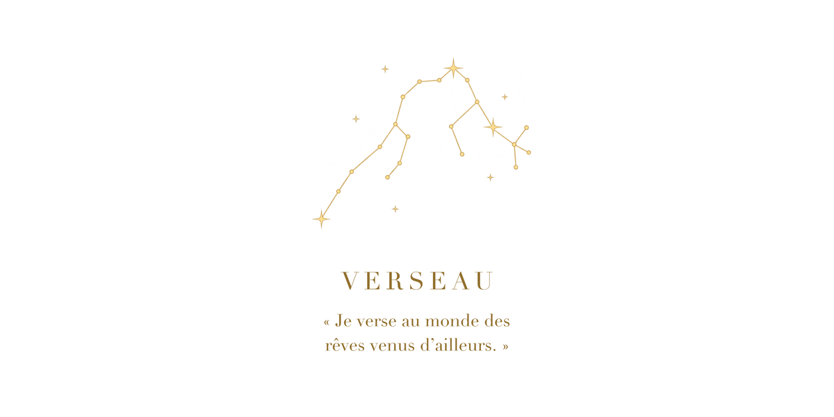 Visuel à plat du mug Verseau Zodiaque Poétique : constellation du Verseau en lignes dorées, nom VERSEAU en capitales Didot et phrase poétique