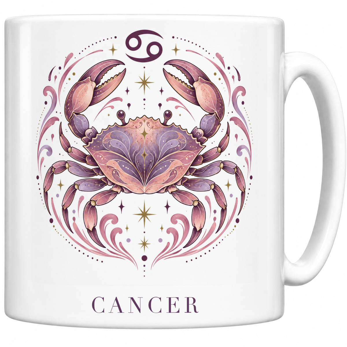 Mug blanc céramique 330 ml signe Cancer ♋ : illustration céleste rose poudré et or, nom CANCER en capitales