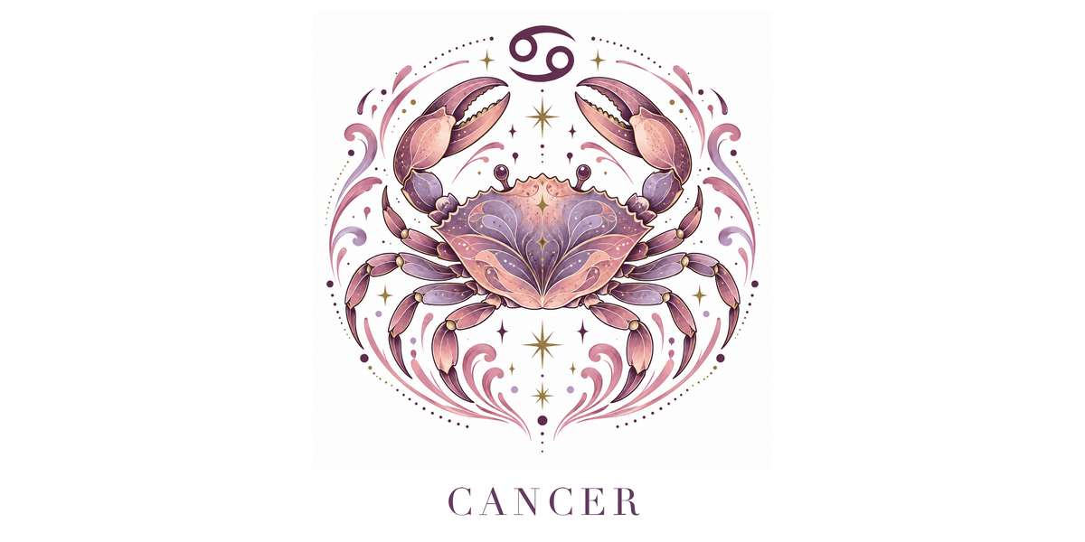 Visuel à plat du mug Cancer Zodiaque Rose : un crabe finement ciselé entre vagues et étoiles, symbole ♋ et nom CANCER