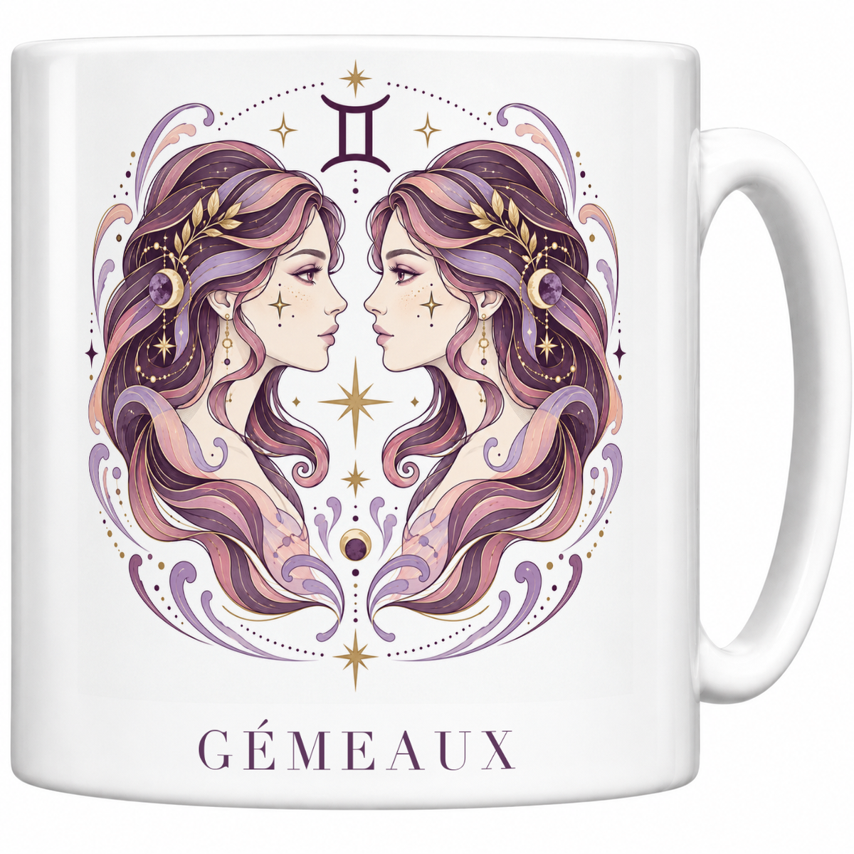 Mug blanc céramique 330 ml signe Gémeaux ♊ : illustration céleste rose poudré et or, nom GÉMEAUX en capitales
