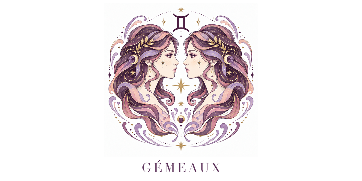 Visuel à plat du mug Gémeaux Zodiaque Rose : deux visages jumeaux face à face, chevelures en volutes, symbole ♊ et nom GÉMEAUX