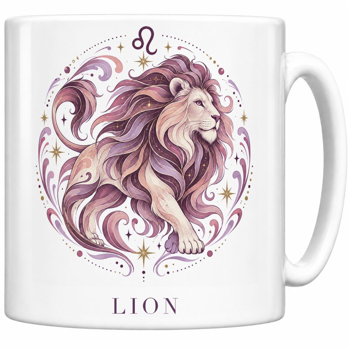 Mug blanc céramique 330 ml signe Lion ♌ : illustration céleste rose poudré et or, nom LION en capitales
