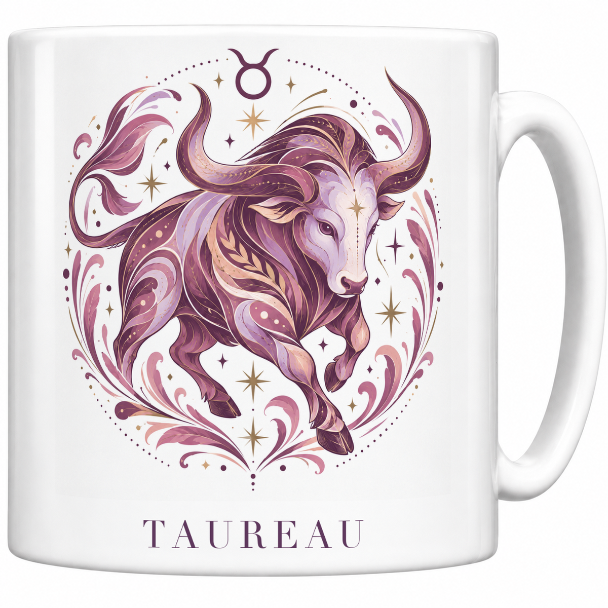 Mug blanc céramique 330 ml signe Taureau ♉ : illustration céleste rose poudré et or, nom TAUREAU en capitales