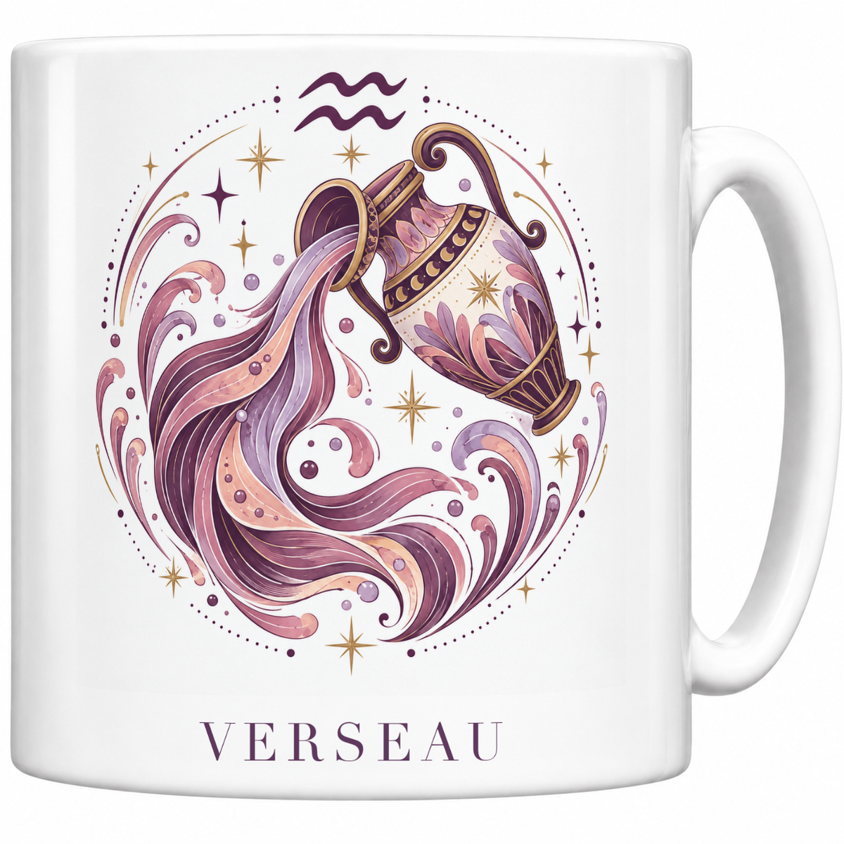 Mug blanc céramique 330 ml signe Verseau ♒ : illustration céleste rose poudré et or, nom VERSEAU en capitales