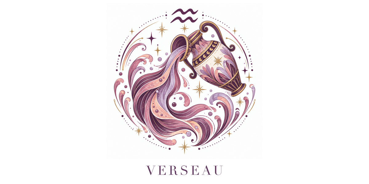 Visuel à plat du mug Verseau Zodiaque Rose : une amphore d'où s'écoulent des flots en volutes, symbole ♒ et nom VERSEAU