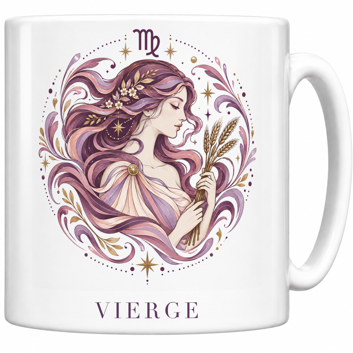 Mug blanc céramique 330 ml signe Vierge ♍ : illustration céleste rose poudré et or, nom VIERGE en capitales