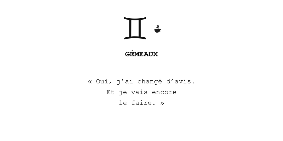 Visuel à plat du mug Gémeaux Zodiaque Sarcastique : symbole ♊, petite tasse, nom GÉMEAUX et phrase en police machine à écrire