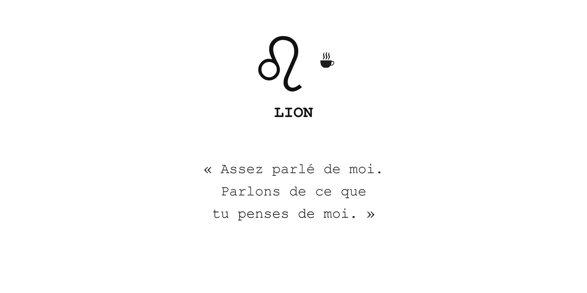 Visuel à plat du mug Lion Zodiaque Sarcastique : symbole ♌, petite tasse, nom LION et phrase en police machine à écrire