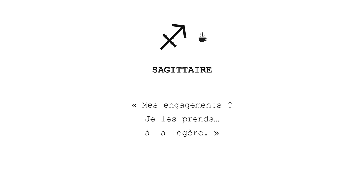 Visuel à plat du mug Sagittaire Zodiaque Sarcastique : symbole ♐, petite tasse, nom SAGITTAIRE et phrase en police machine à écrire