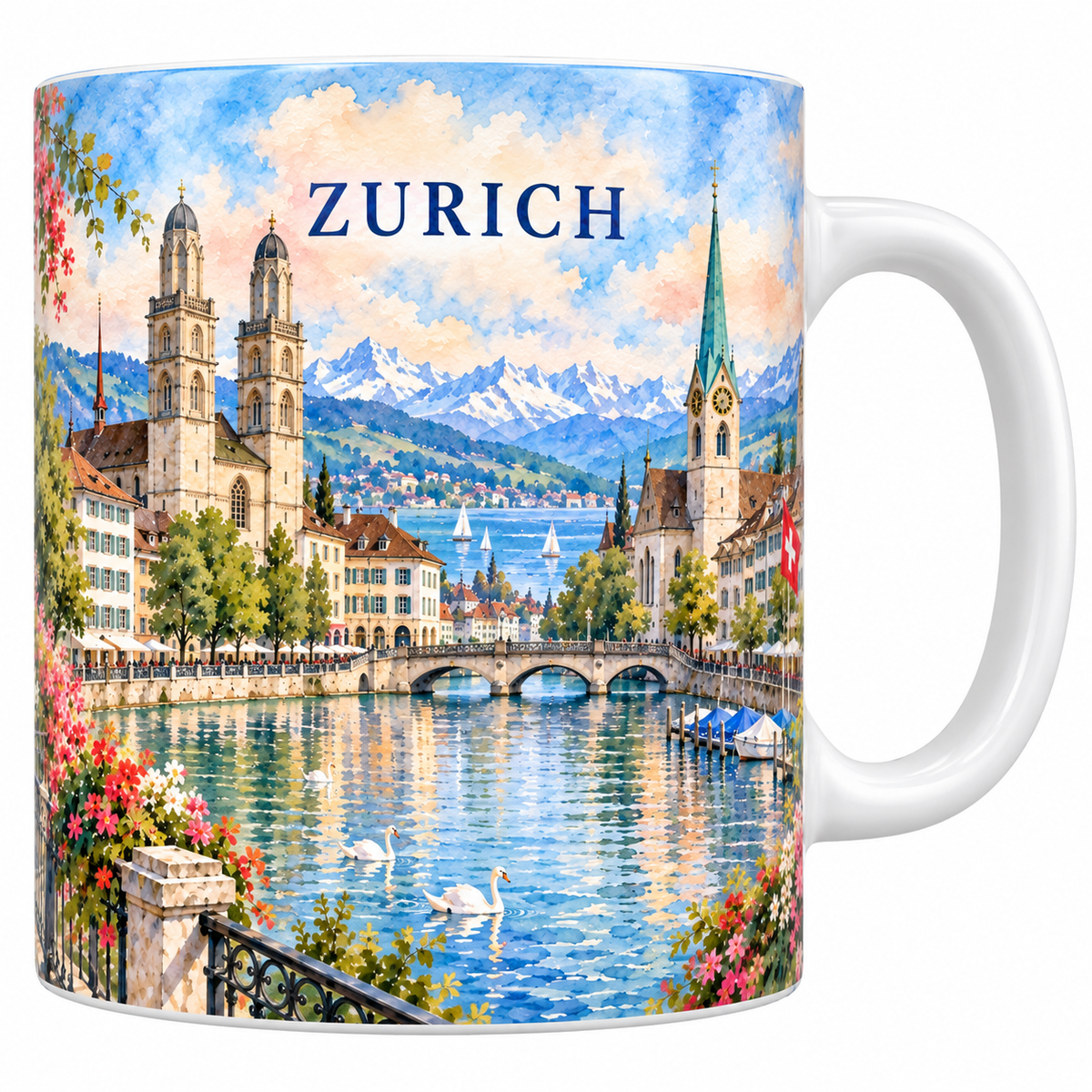 Mug blanc Zurich aquarelle avec le Grossmünster, la Limmat et les Alpes