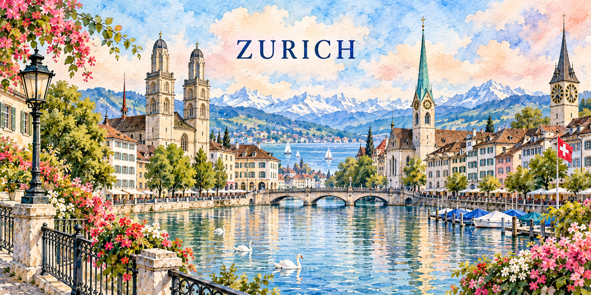 Aquarelle de Zurich : Grossmünster, Fraumünster, tour de Saint-Pierre, Limmat et cygnes