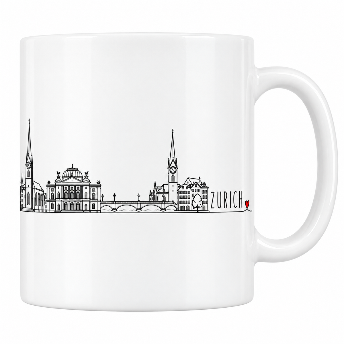 Mug blanc en céramique 330 ml illustré du skyline de Zurich au trait noir : la flèche de la Fraumünster, le grand édifice néoclassique à coupole, le pont de pierre et ses lampadaires, la tour de Saint-Pierre et son cadran