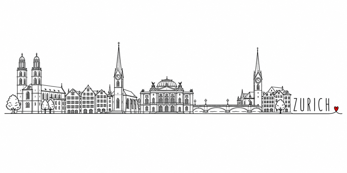 Skyline de Zurich dessiné au trait noir continu, de gauche à droite : les arbres du quai, les deux tours jumelles du Grossmünster et leurs lanternes, les maisons à pignons de la vieille ville, la flèche et l'horloge de la Fraumünster, le grand édifice néoclassique à coupole et statues de toit, le pont de pierre et ses lampadaires, la tour de Saint-Pierre et son cadran, les façades des quais — avec le nom ZURICH en capitales espacées et un petit cœur rouge