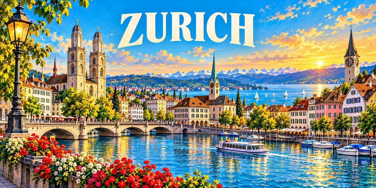 Illustration affiche vintage Zurich : tours du Grossmünster, flèche de la Fraumünster, Limmat et son pont, bateaux, lac et Alpes