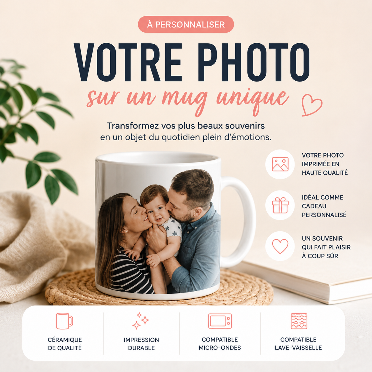 Mug céramique blanc, mug photo personnalisé, votre image imprimée