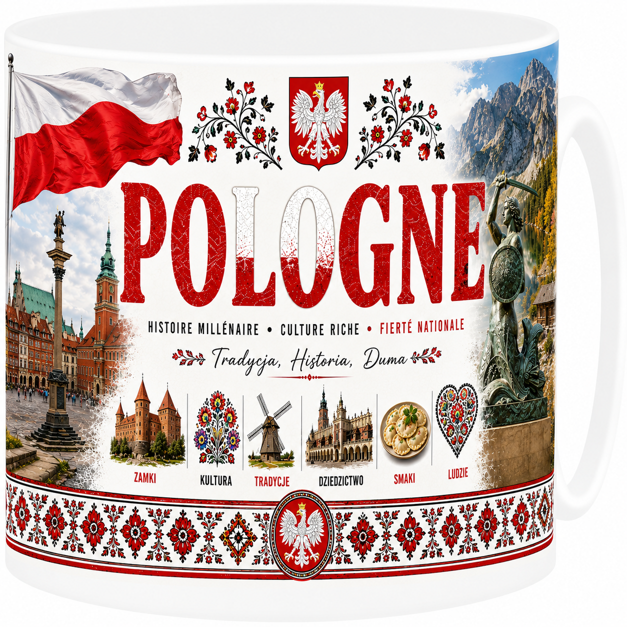 Mug souvenir Pologne en céramique blanche illustrant Cracovie et le château du Wawel