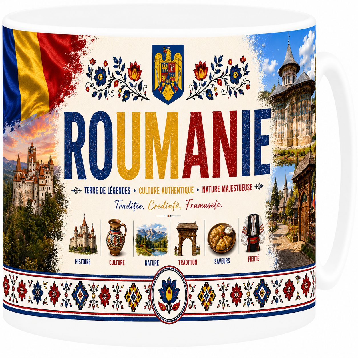Mug souvenir Roumanie en céramique blanche illustrant le château de Bran en Transylvanie