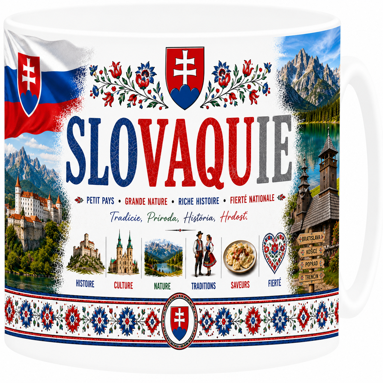 Mug souvenir Slovaquie en céramique blanche illustrant le château de Bratislava et les Tatras