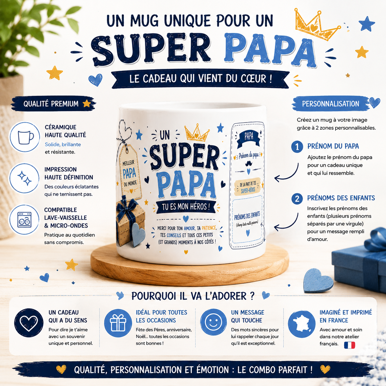 Mug céramique blanc, super papa personnalisé, prénom et enfants